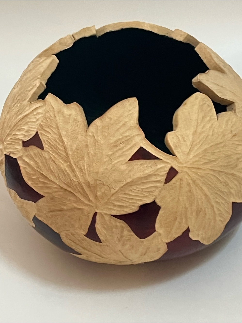 Artisan Handcarved Leaf Gourd Bowl in Natural Tan and Deep Brown